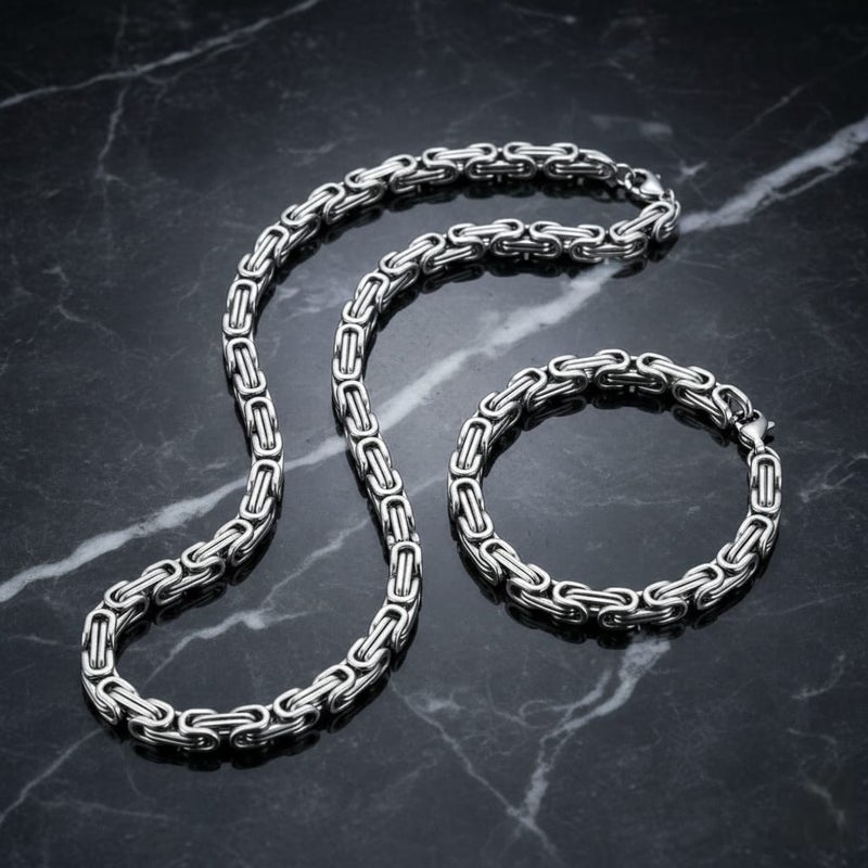 Half set for men (chain + bracelet) in silver with a luxurious royal design, made of rust-resistant stainless steel, giving you an attractive look at all times. - Image 4